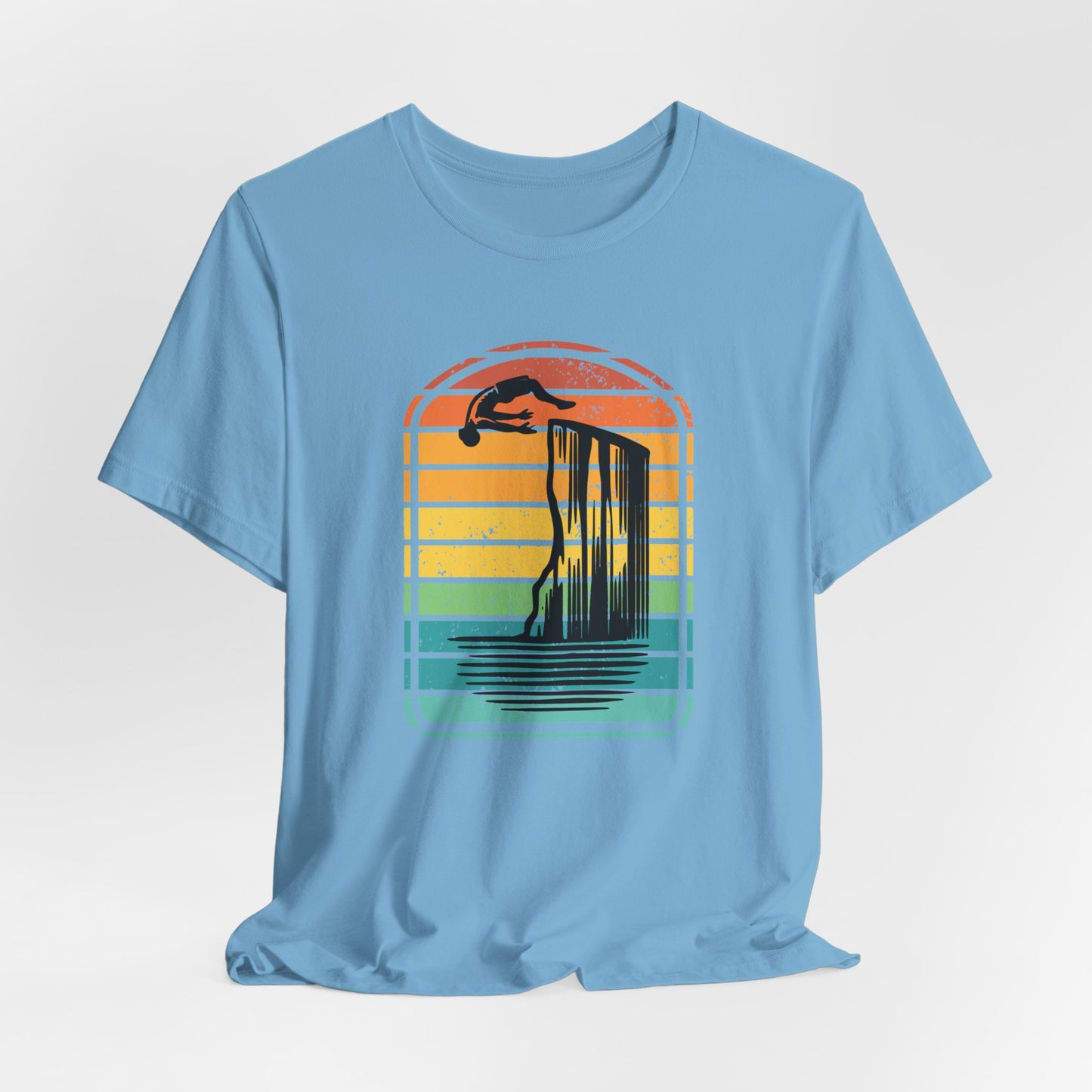 Retro Rainbow Cliff Jumping Silhouette T-Shirt - Outdoorsy Vintage Adventure Shirt