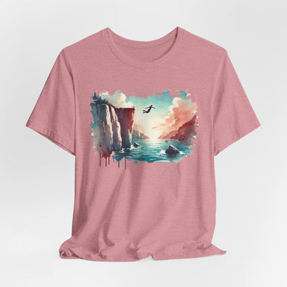 Watercolor Cliff Jumping T-Shirt with Dreamy Adventure Design