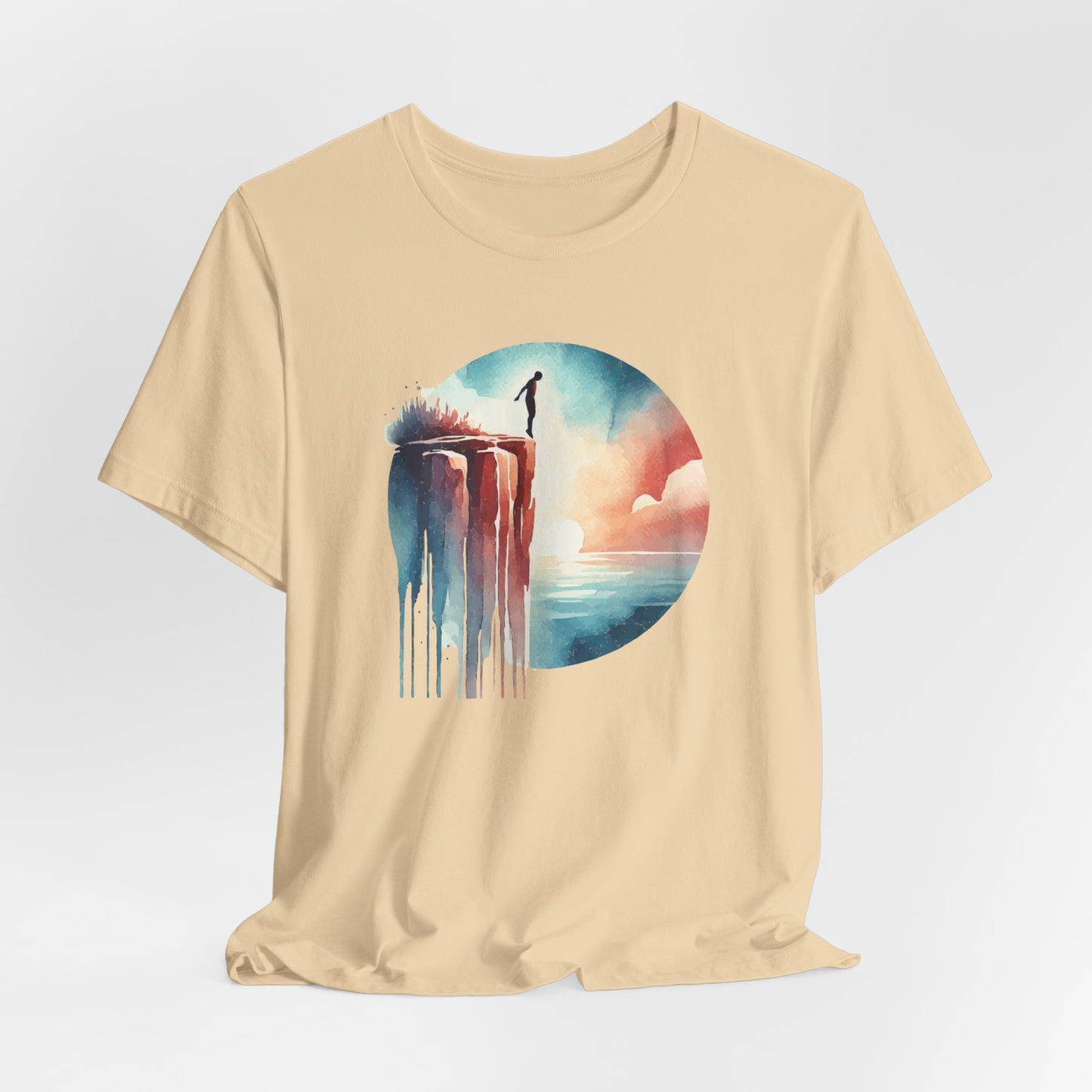 Watercolor Cliff Jumping T-Shirt with Dreamy Adventure Design