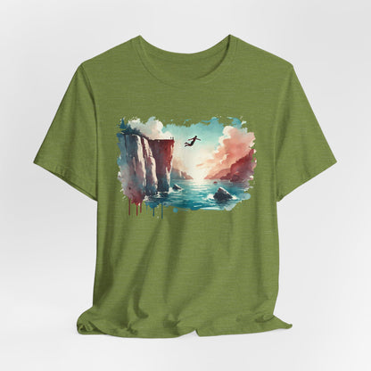 Watercolor Cliff Jumping T-Shirt with Dreamy Adventure Design