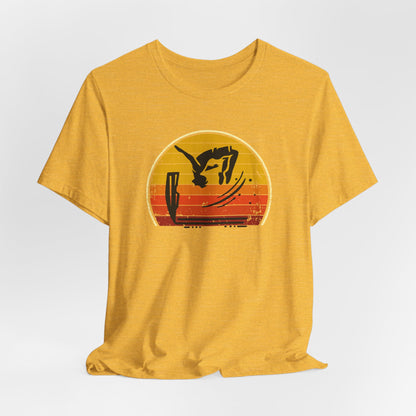 Retro Sunset Cliff Jumping T-Shirt - Outdoorsy Distressed Vintage Sunset Silhouette Adventure Shirt