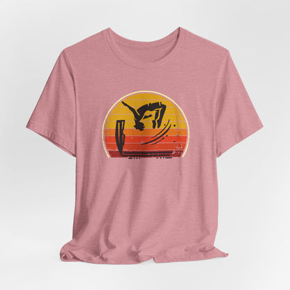 Retro Sunset Cliff Jumping T-Shirt - Outdoorsy Distressed Vintage Sunset Silhouette Adventure Shirt