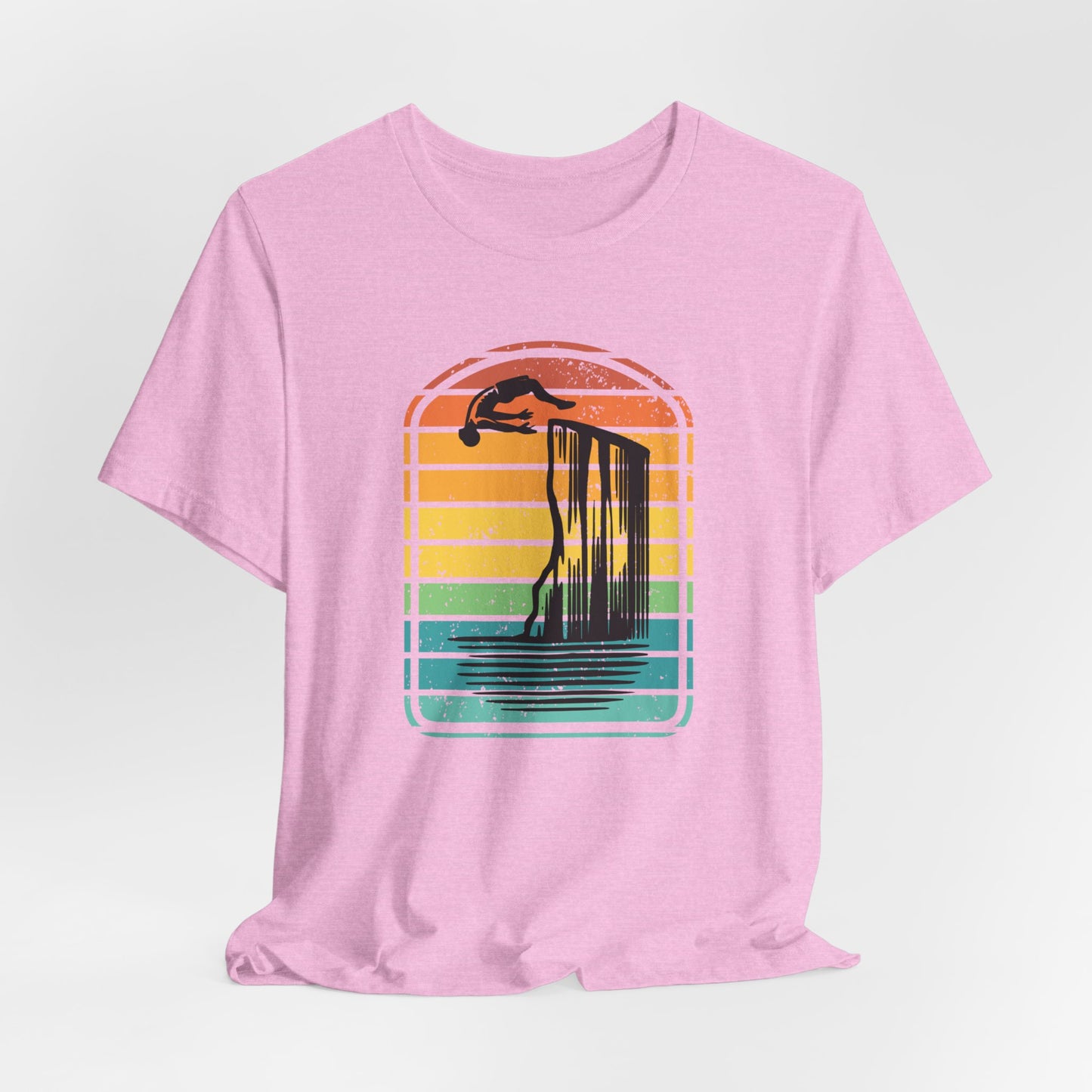 Retro Rainbow Cliff Jumping Silhouette T-Shirt - Outdoorsy Vintage Adventure Shirt