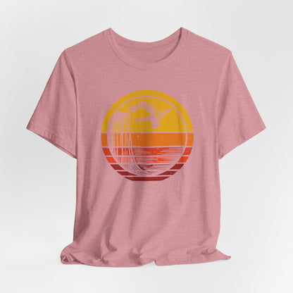 Retro Sunset Cliff Jumping T-Shirt - Outdoorsy Distressed Vintage Sunset Silhouette Adventure Shirt