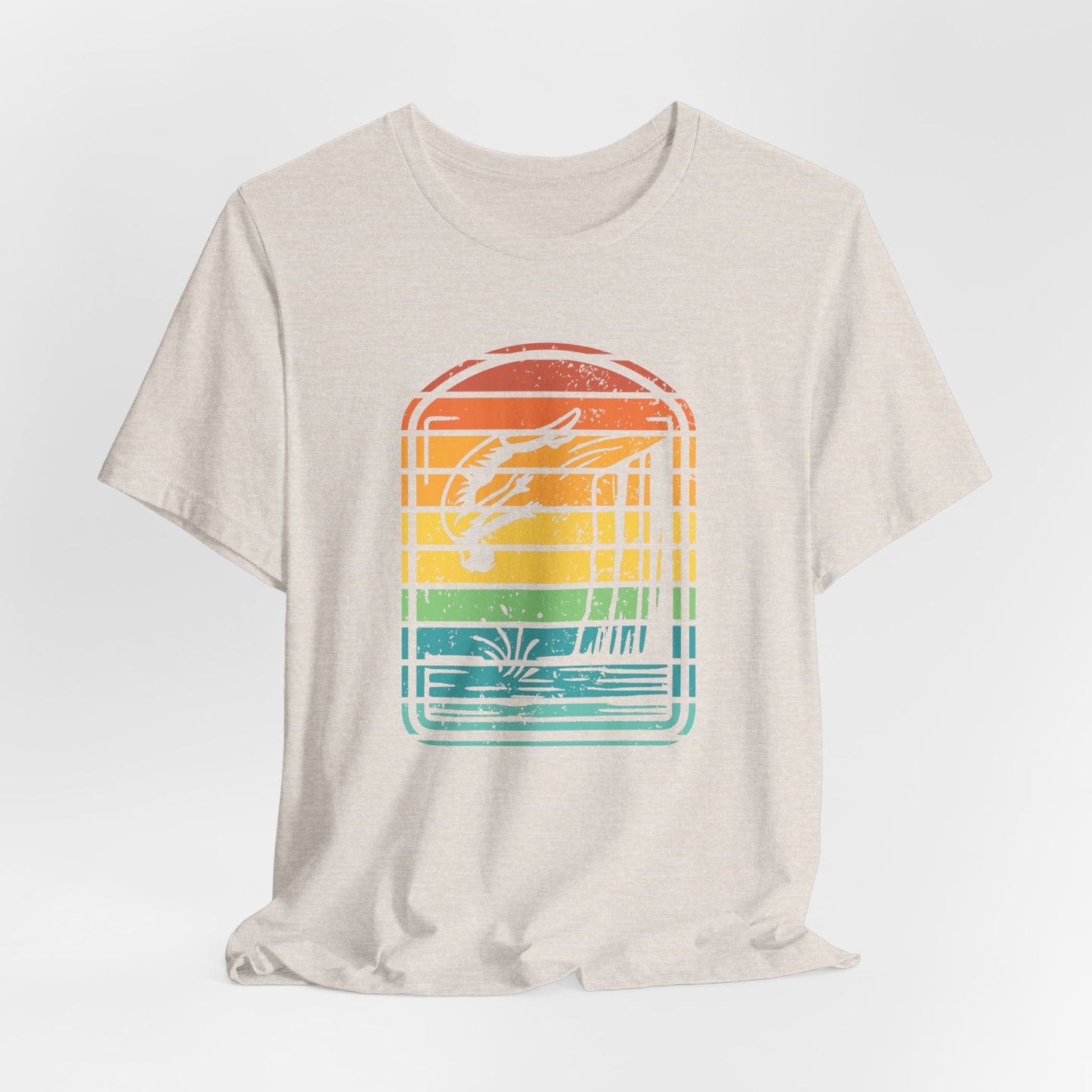 Retro Rainbow Cliff Jumping Silhouette T-Shirt - Outdoorsy Vintage Adventure Shirt