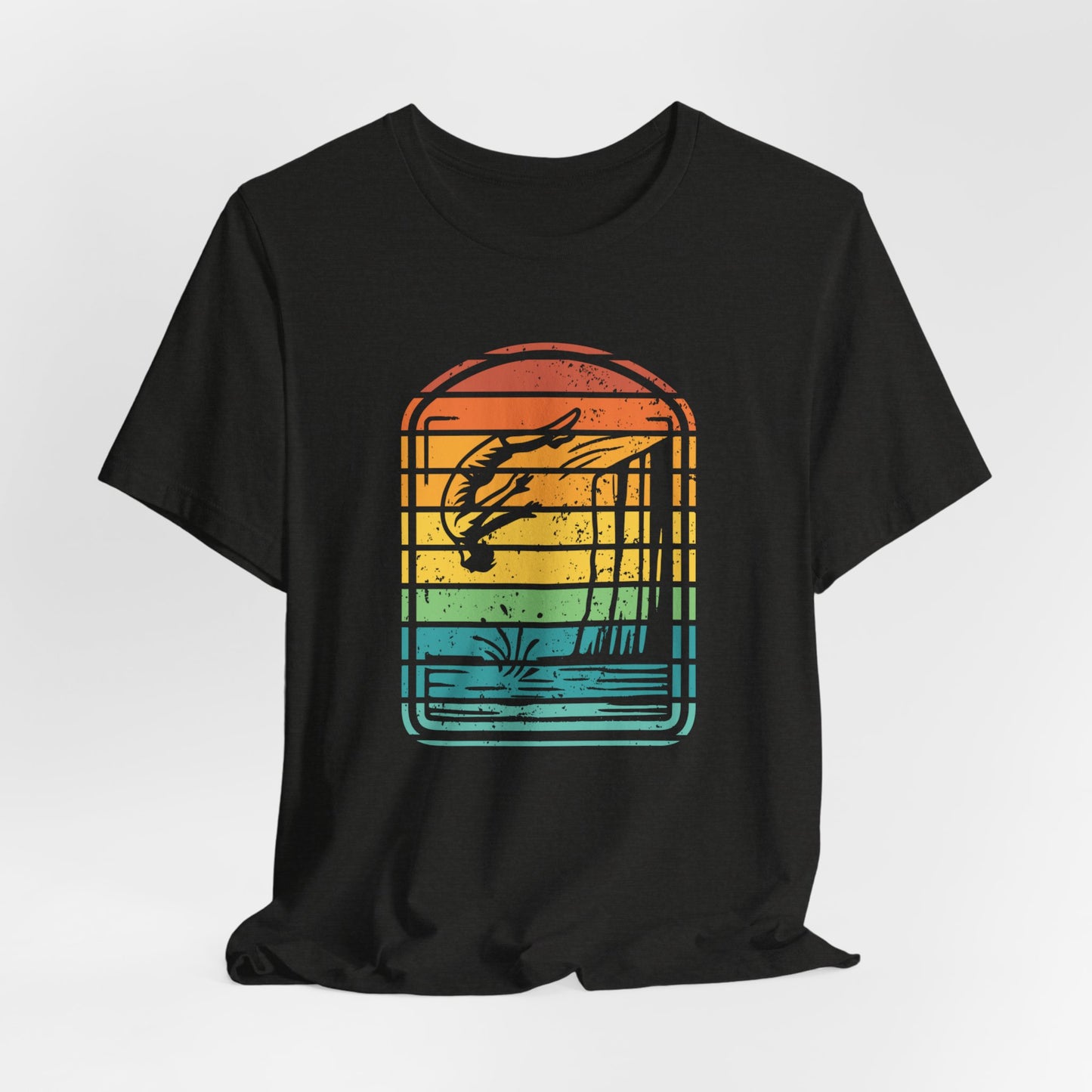 Retro Rainbow Cliff Jumping Silhouette T-Shirt - Outdoorsy Vintage Adventure Shirt