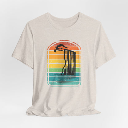 Retro Rainbow Cliff Jumping Silhouette T-Shirt - Outdoorsy Vintage Adventure Shirt