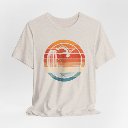 Retro Sunset Cliff Jumping T-Shirt - Outdoorsy Distressed Vintage Sunset Silhouette Adventure Shirt