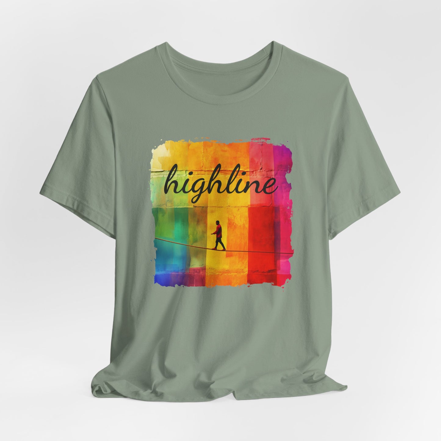 "Highline" Colorful Abstract Highline T-shirt | Highline Shirt - Rainbow Cubic Splatter Paint Design