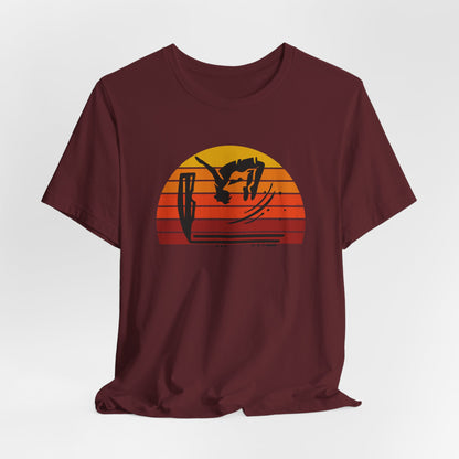 Retro Sunset Cliff Jumping T-Shirt - Outdoorsy Distressed Vintage Sunset Silhouette Adventure Shirt