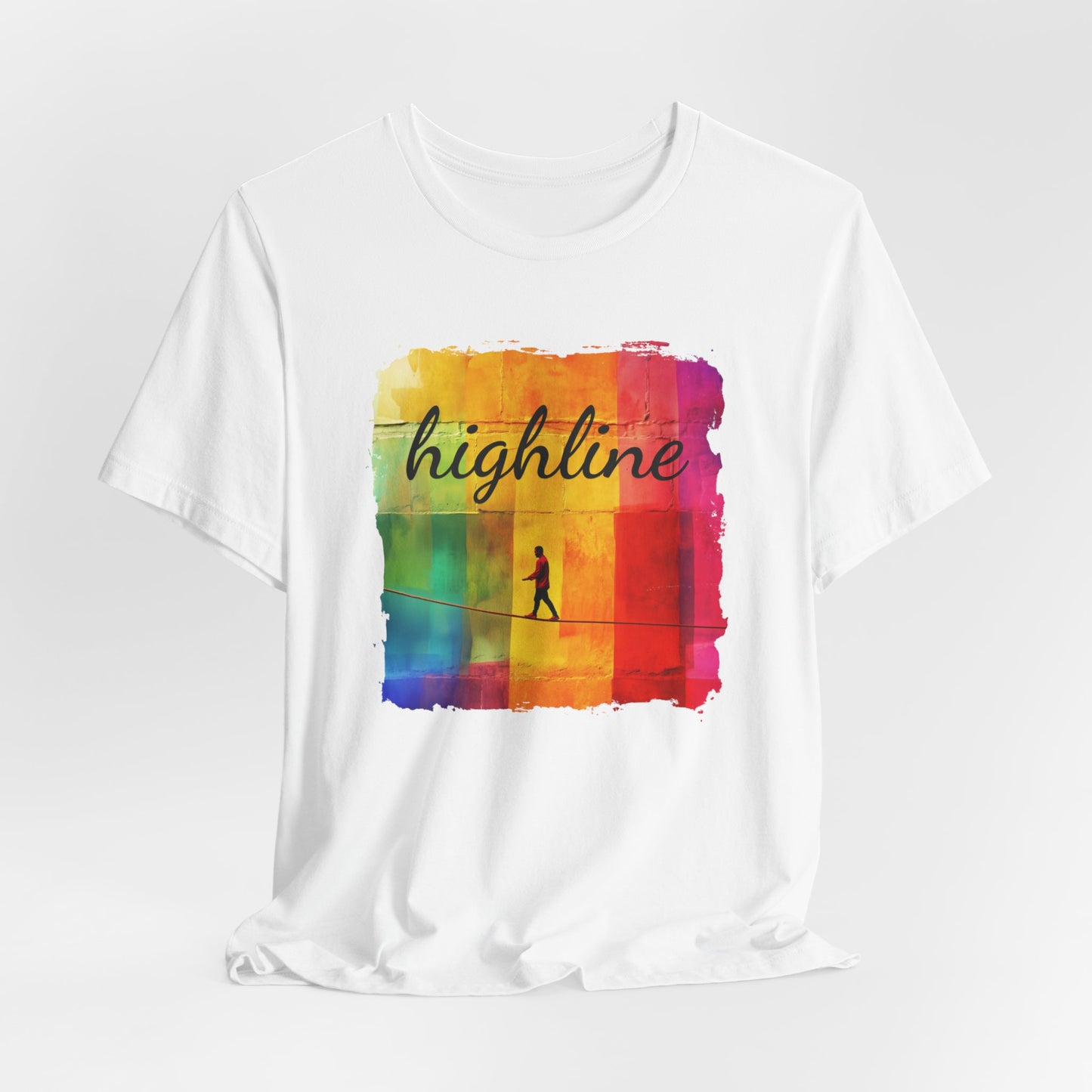 "Highline" Colorful Abstract Highline T-shirt | Highline Shirt - Rainbow Cubic Splatter Paint Design