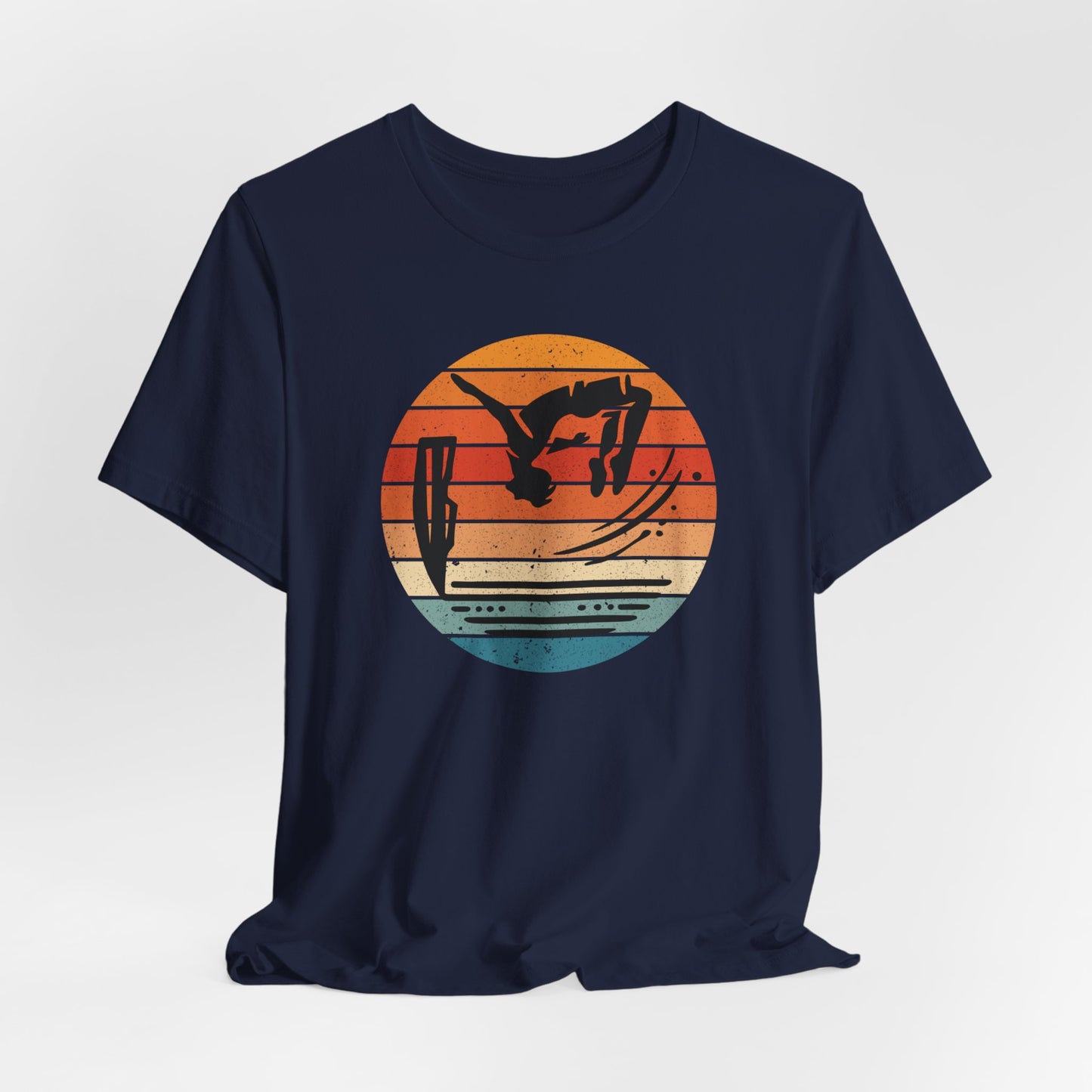 Retro Sunset Cliff Jumping T-Shirt - Outdoorsy Distressed Vintage Sunset Silhouette Adventure Shirt