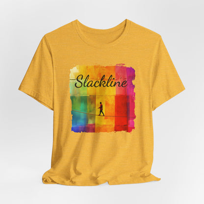 "Slackline" Colorful Abstract Slackline T-shirt | Slackline Shirt - Rainbow Cubic Splatter Paint Design