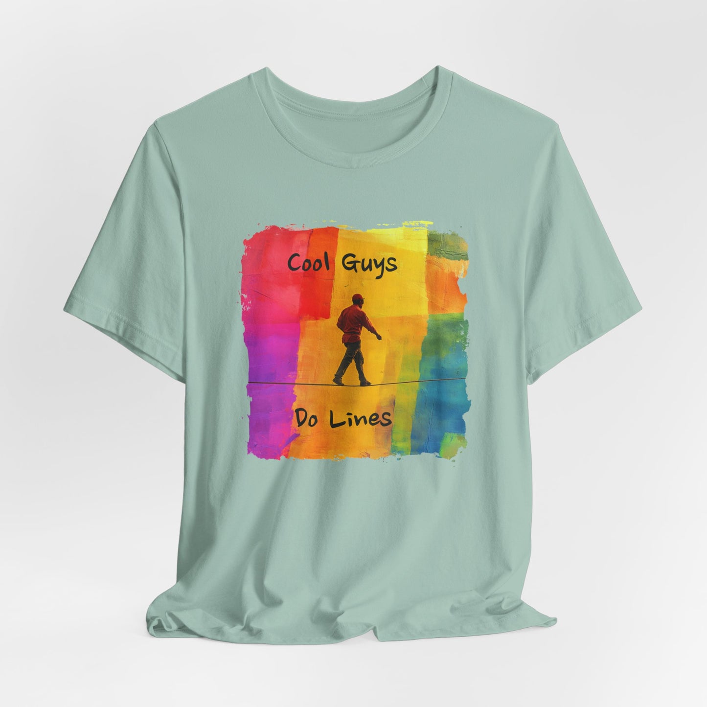 "Yeah, I Do Lines" Funny Slackline T-shirt | Colorful Abstract Slackline Highline Shirt - Rainbow Cubic Splatter Paint Design