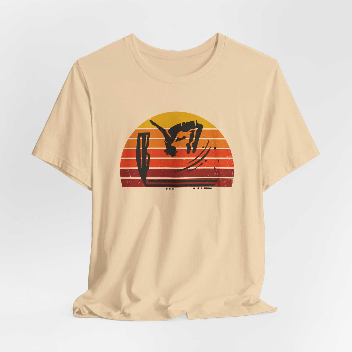 Retro Sunset Cliff Jumping T-Shirt - Outdoorsy Distressed Vintage Sunset Silhouette Adventure Shirt