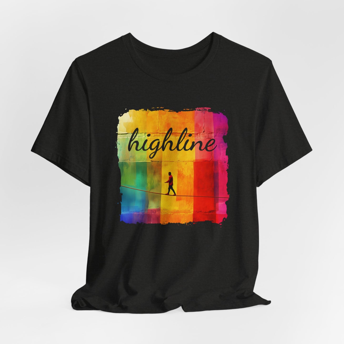 "Highline" Colorful Abstract Highline T-shirt | Highline Shirt - Rainbow Cubic Splatter Paint Design