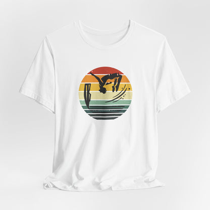 Retro Sunset Cliff Jumping T-Shirt - Outdoorsy Distressed Vintage Sunset Silhouette Adventure Shirt