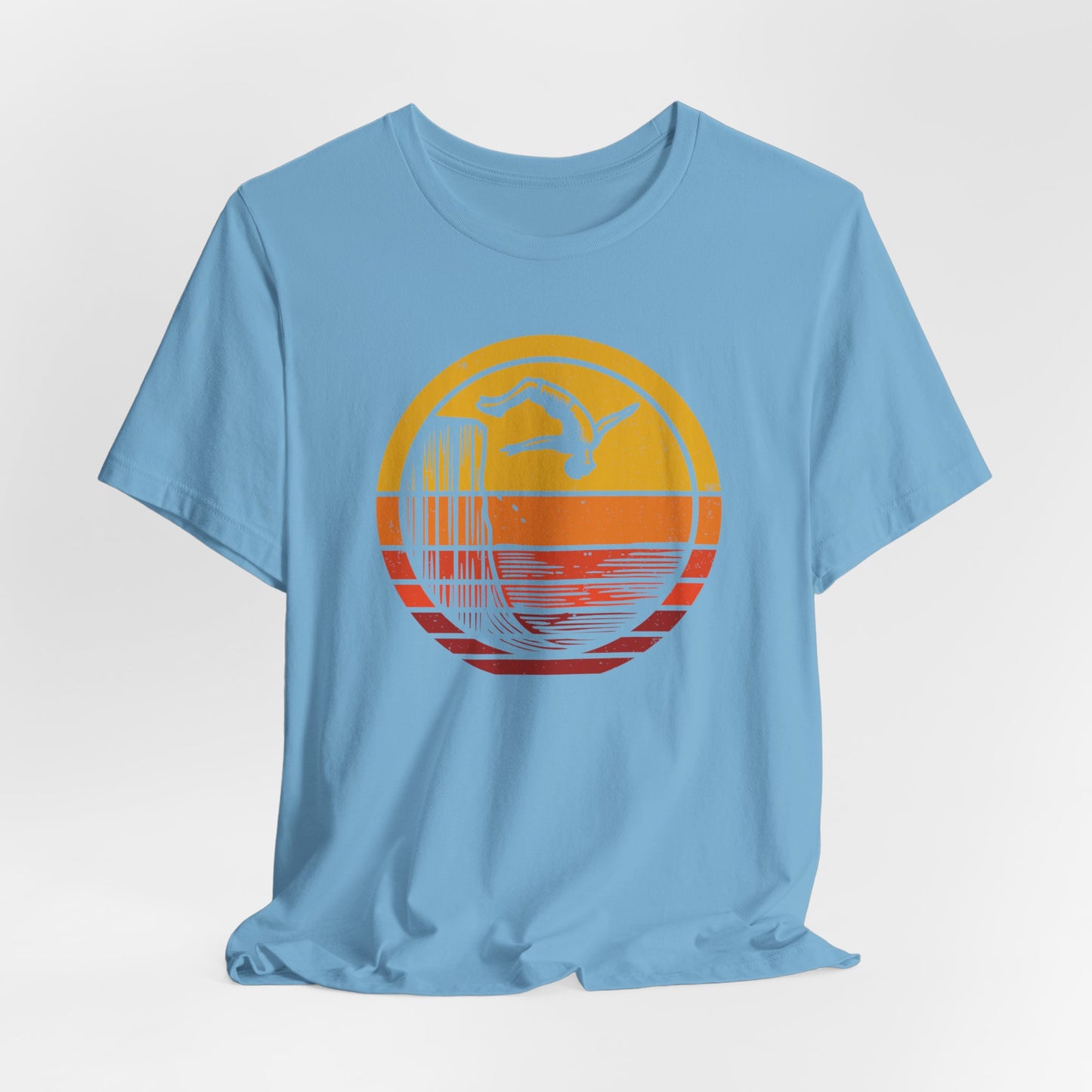 Retro Sunset Cliff Jumping T-Shirt - Outdoorsy Distressed Vintage Sunset Silhouette Adventure Shirt