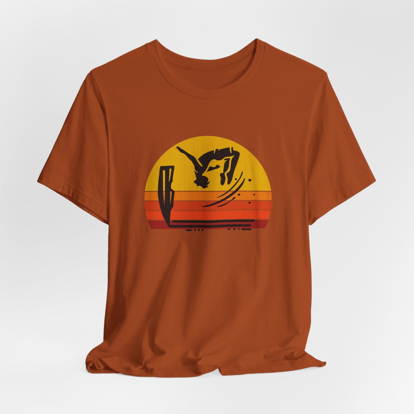 Retro Sunset Cliff Jumping T-Shirt - Outdoorsy Distressed Vintage Sunset Silhouette Adventure Shirt