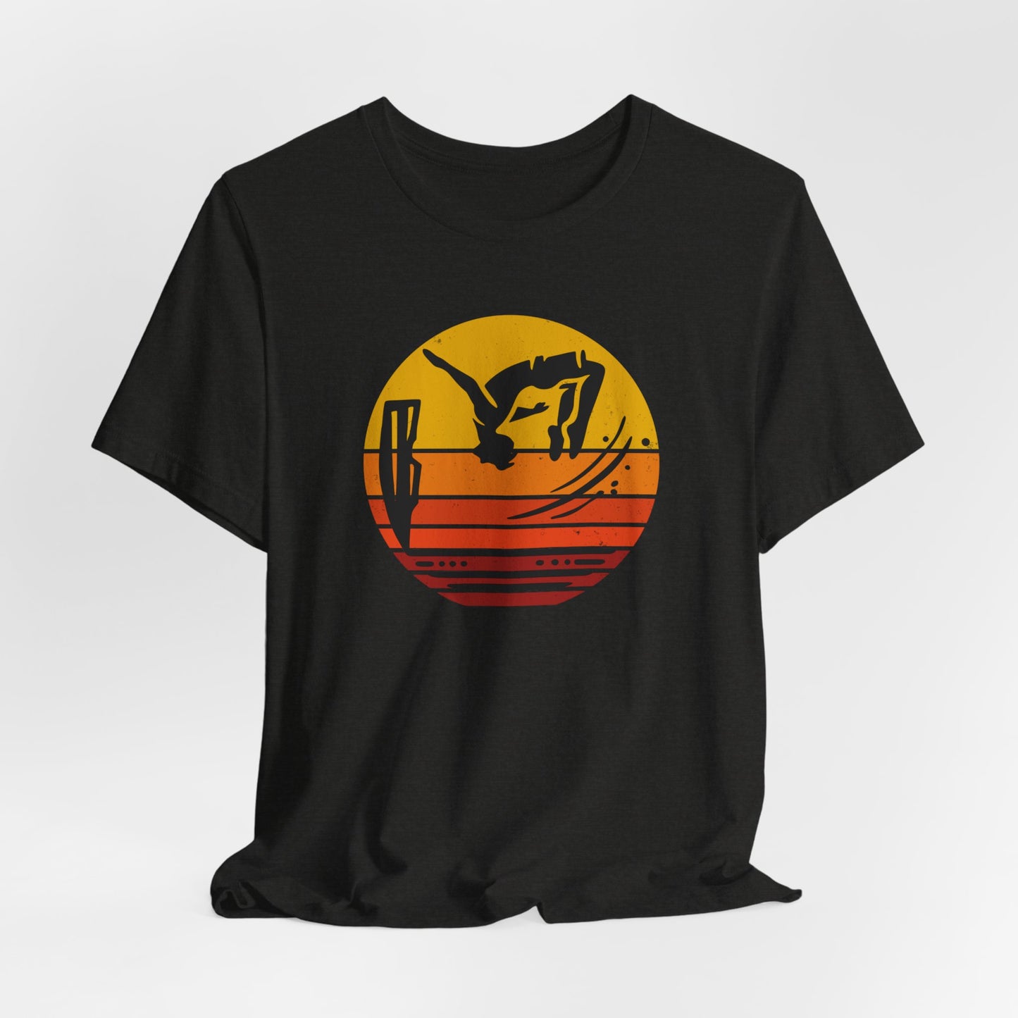 Retro Sunset Cliff Jumping T-Shirt - Outdoorsy Distressed Vintage Sunset Silhouette Adventure Shirt