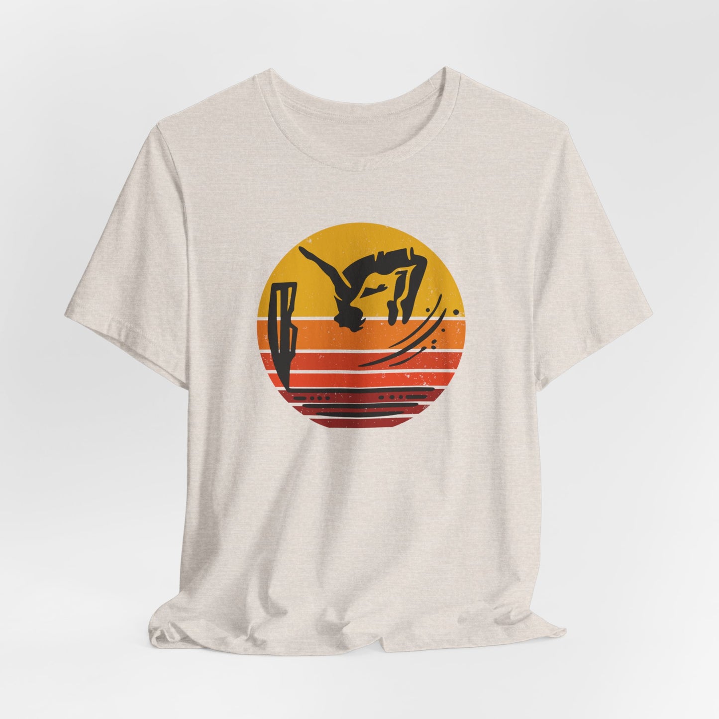 Retro Sunset Cliff Jumping T-Shirt - Outdoorsy Distressed Vintage Sunset Silhouette Adventure Shirt