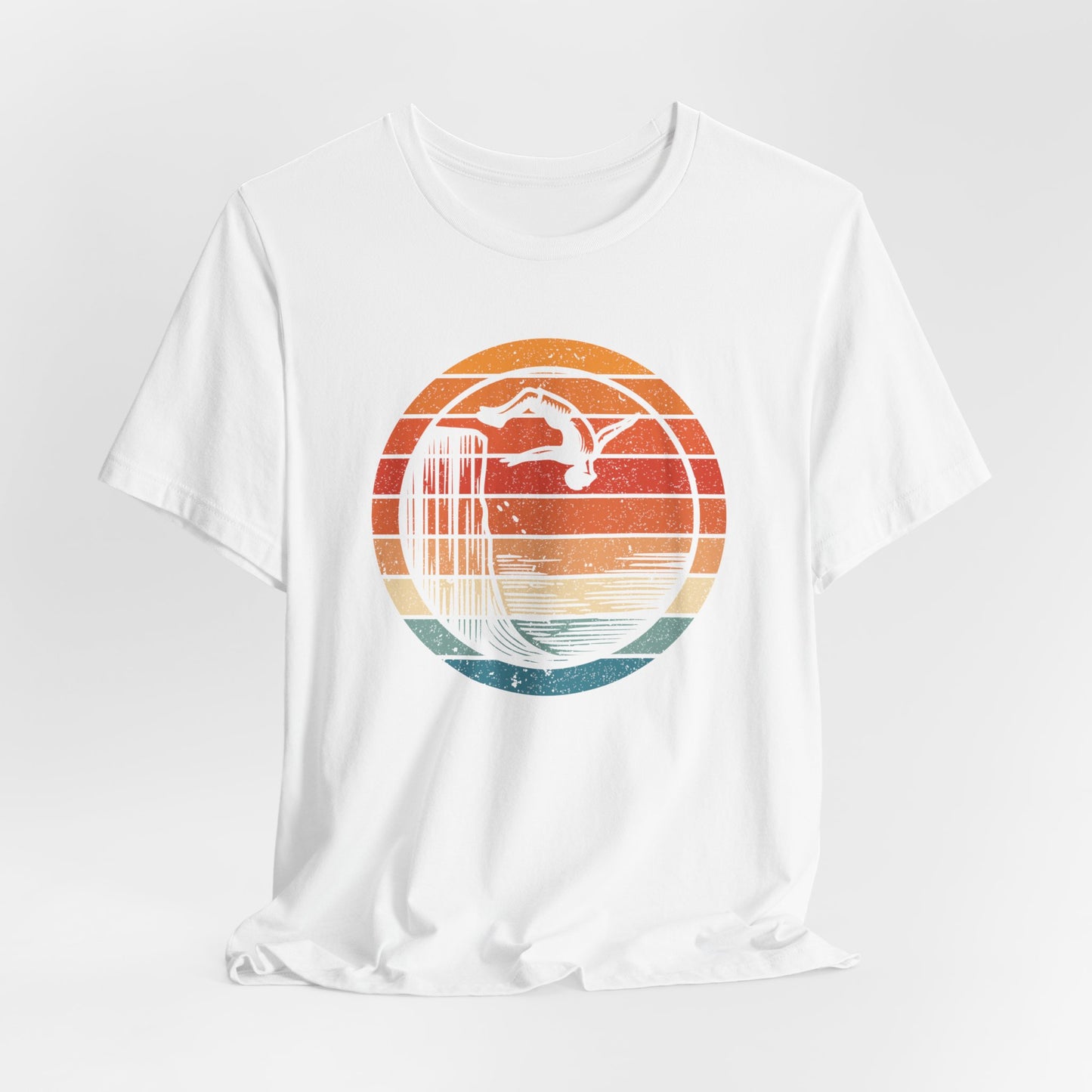 Retro Sunset Cliff Jumping T-Shirt - Outdoorsy Distressed Vintage Sunset Silhouette Adventure Shirt