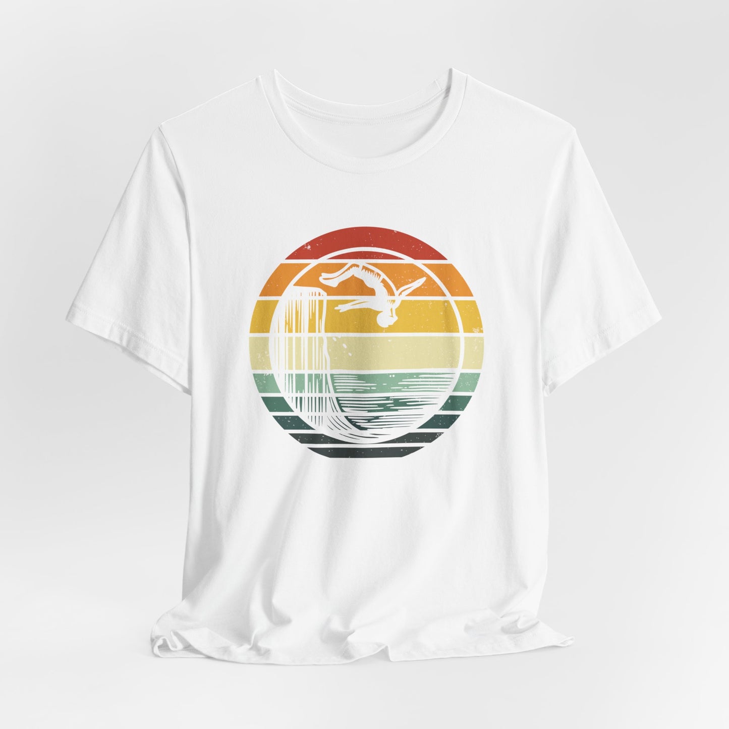 Retro Sunset Cliff Jumping T-Shirt - Outdoorsy Distressed Vintage Sunset Silhouette Adventure Shirt