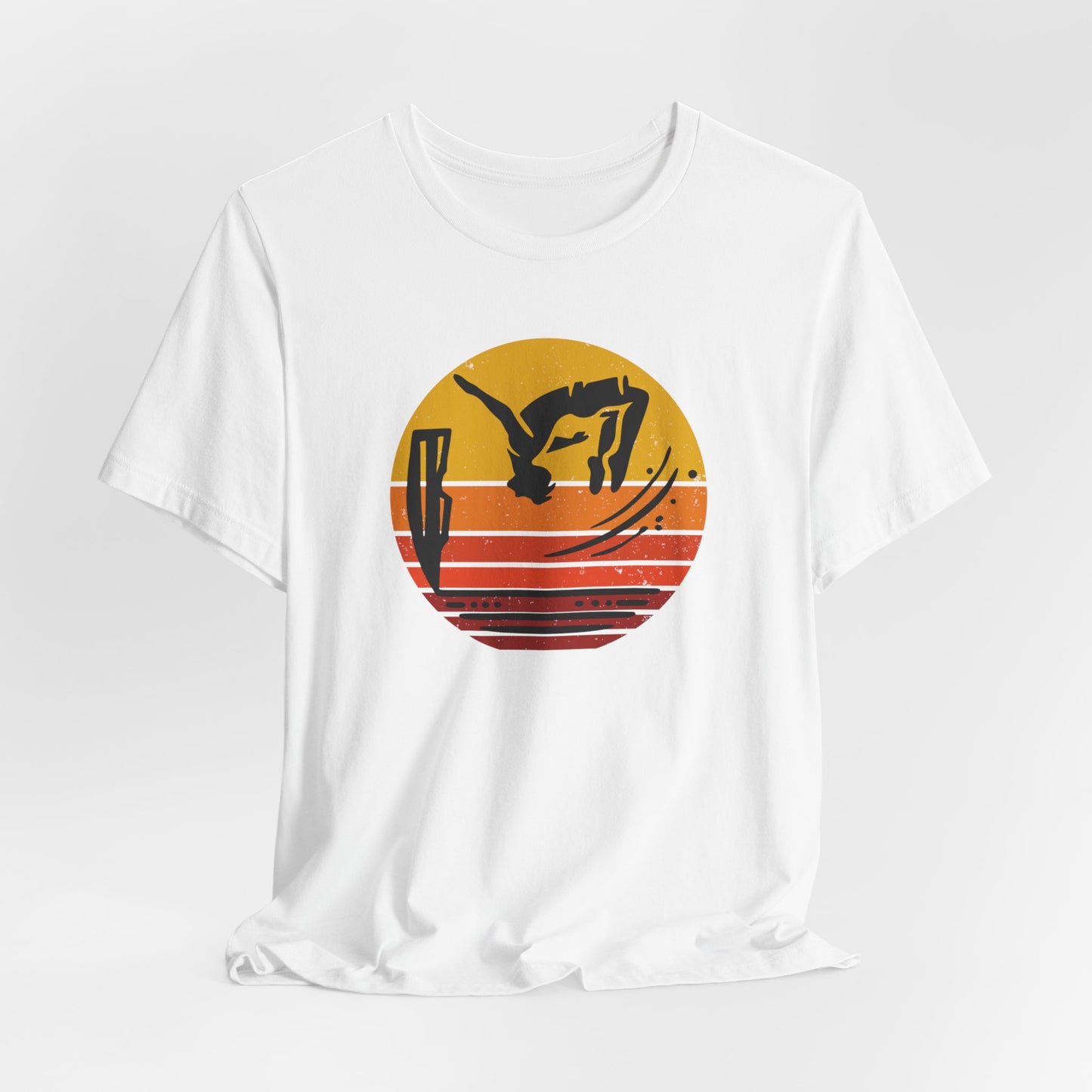 Retro Sunset Cliff Jumping T-Shirt - Outdoorsy Distressed Vintage Sunset Silhouette Adventure Shirt