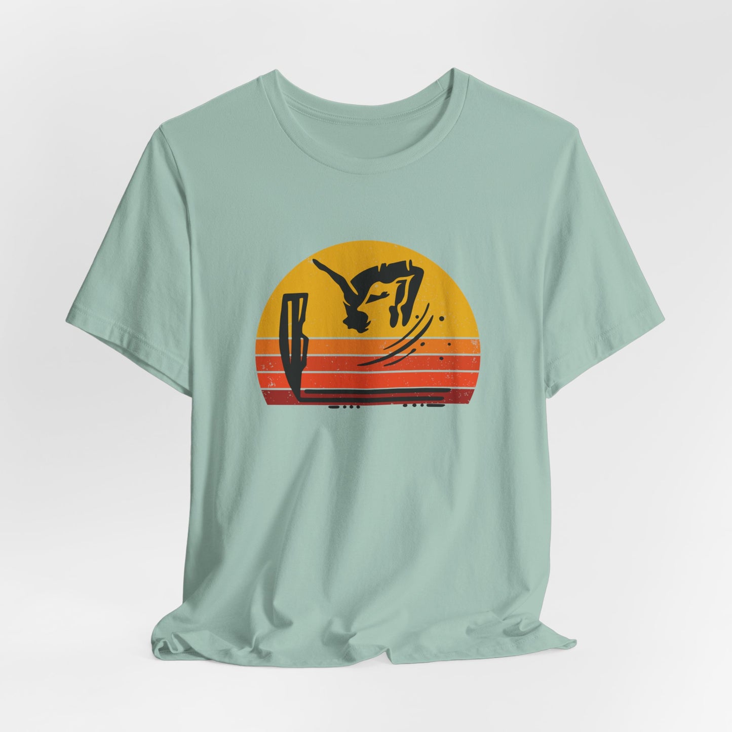 Retro Sunset Cliff Jumping T-Shirt - Outdoorsy Distressed Vintage Sunset Silhouette Adventure Shirt