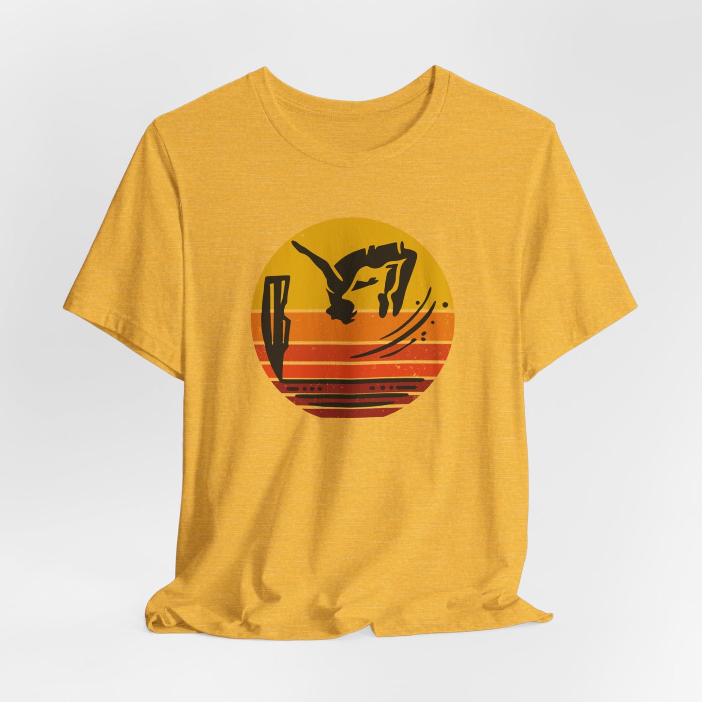 Retro Sunset Cliff Jumping T-Shirt - Outdoorsy Distressed Vintage Sunset Silhouette Adventure Shirt