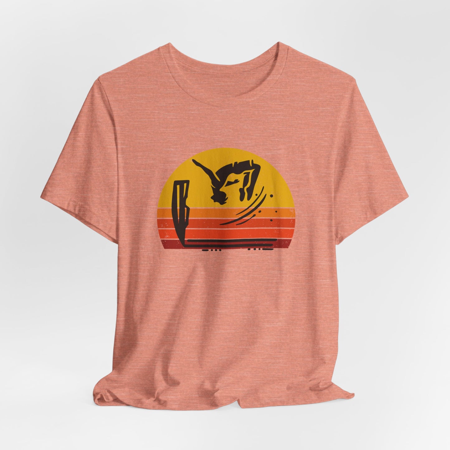 Retro Sunset Cliff Jumping T-Shirt - Outdoorsy Distressed Vintage Sunset Silhouette Adventure Shirt