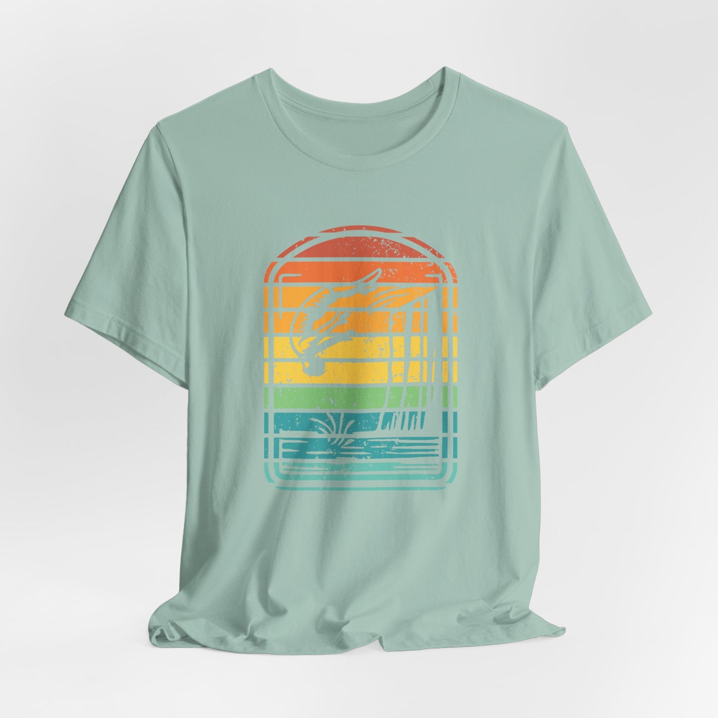 Retro Rainbow Cliff Jumping Silhouette T-Shirt - Outdoorsy Vintage Adventure Shirt