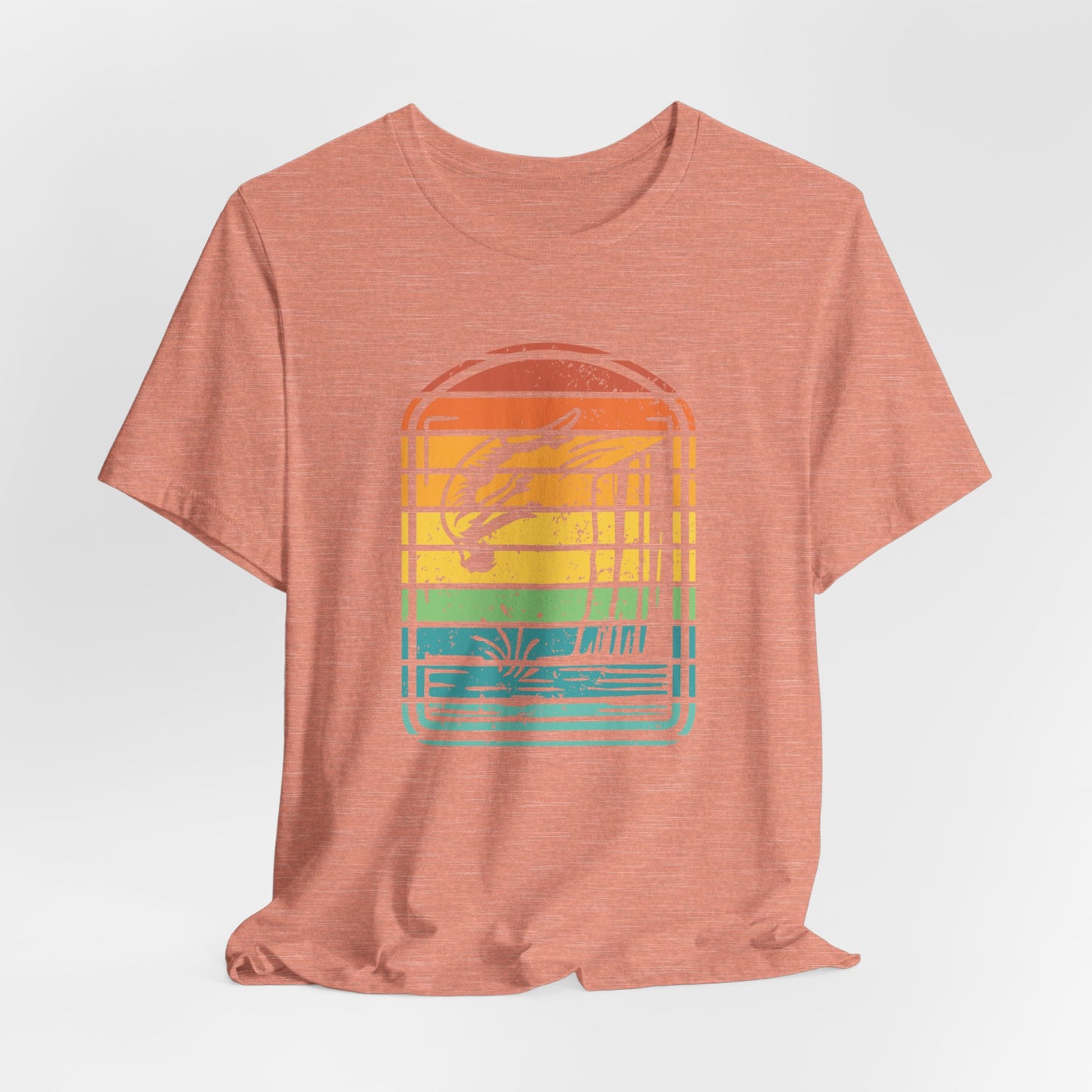 Retro Rainbow Cliff Jumping Silhouette T-Shirt - Outdoorsy Vintage Adventure Shirt