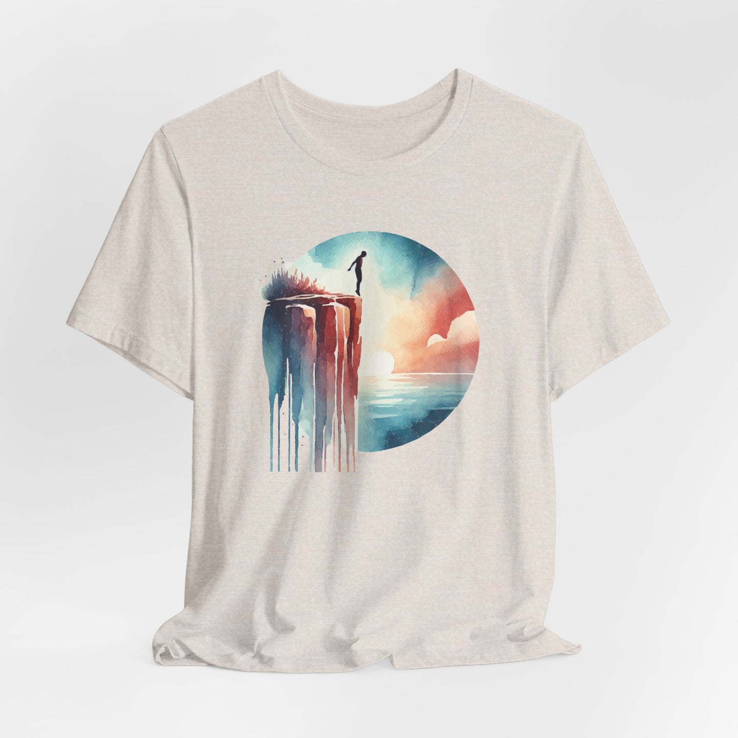 Watercolor Cliff Jumping T-Shirt with Dreamy Adventure Design