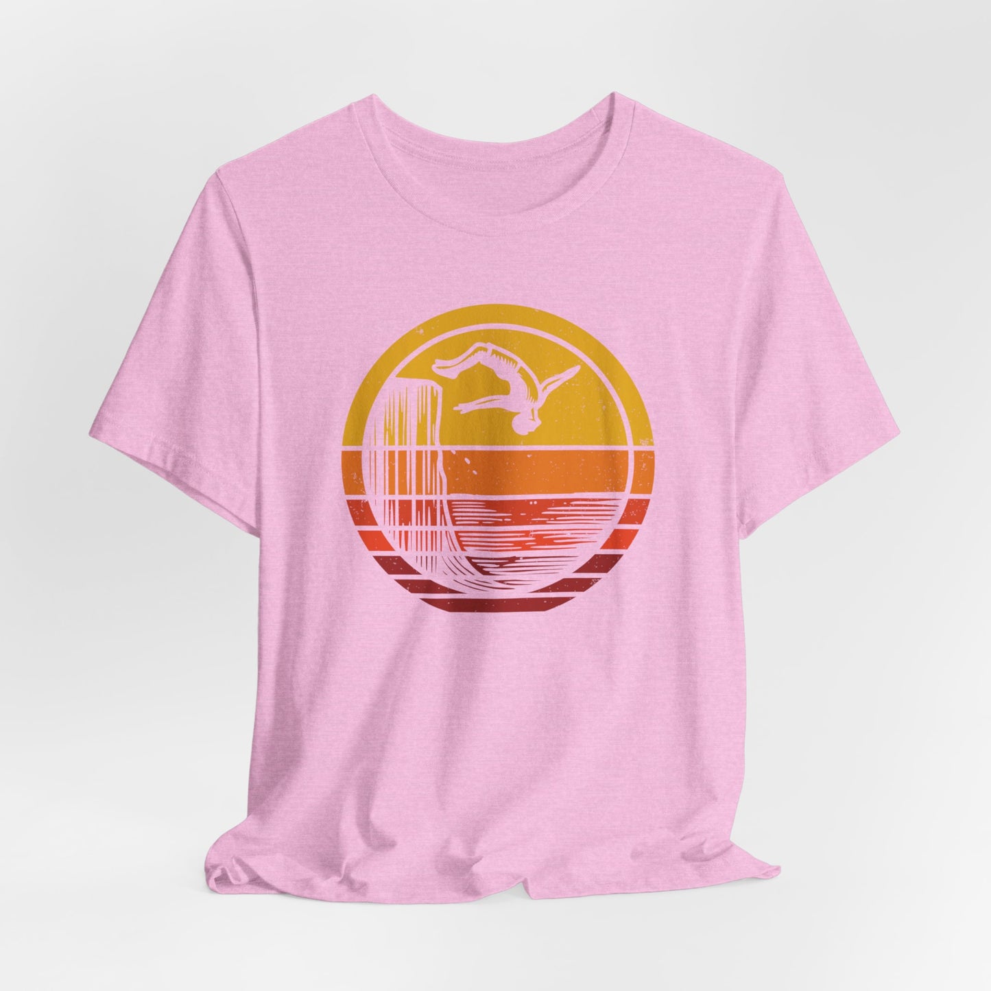 Retro Sunset Cliff Jumping T-Shirt - Outdoorsy Distressed Vintage Sunset Silhouette Adventure Shirt