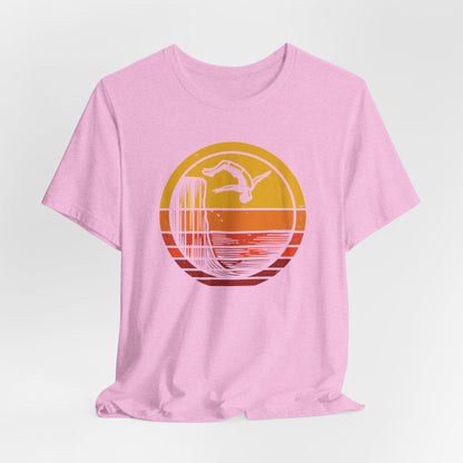 Retro Sunset Cliff Jumping T-Shirt - Outdoorsy Distressed Vintage Sunset Silhouette Adventure Shirt