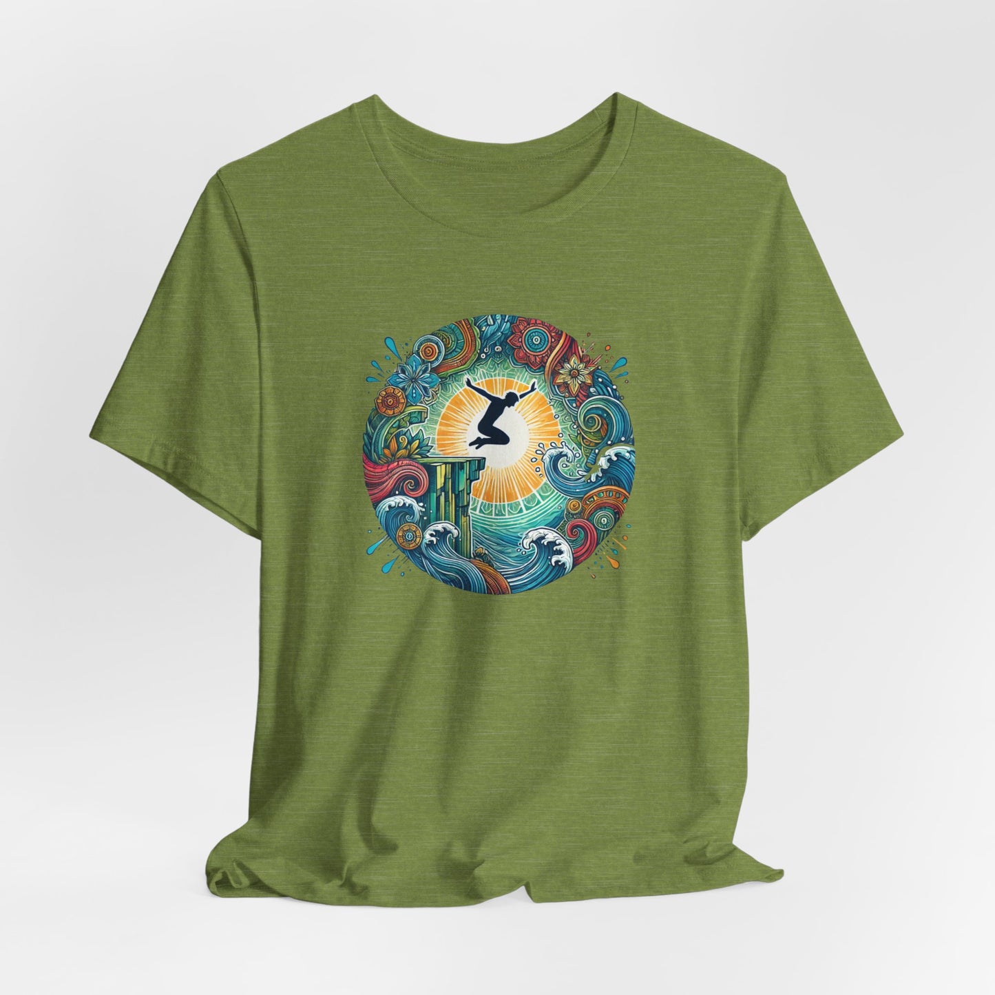 Mandala Style Cliff Jumping T-shirt for Outdoor Enthusiast - Colorful Mandala Art Design