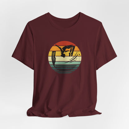 Retro Sunset Cliff Jumping T-Shirt - Outdoorsy Distressed Vintage Sunset Silhouette Adventure Shirt