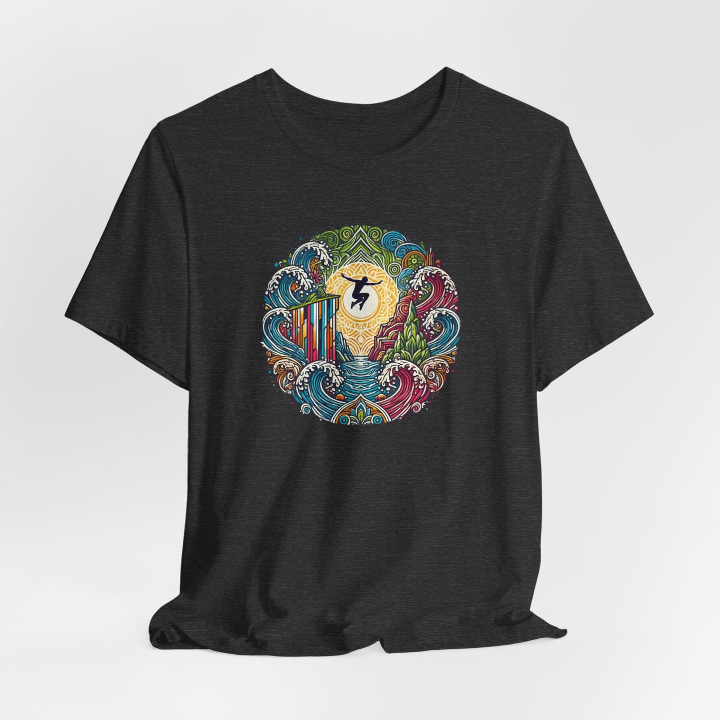 Mandala Style Cliff Jumping T-shirt for Outdoor Enthusiast - Colorful Mandala Art Design