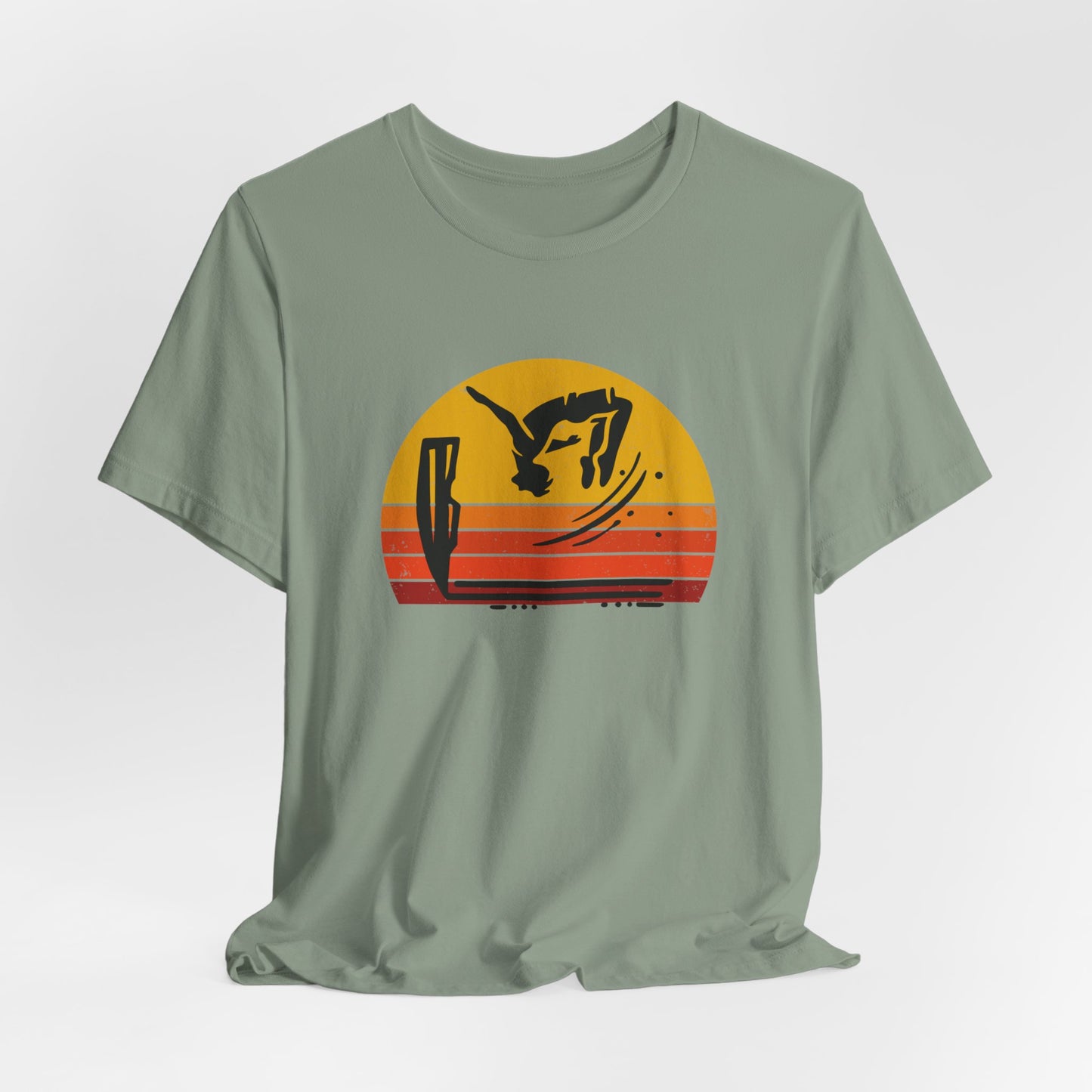 Retro Sunset Cliff Jumping T-Shirt - Outdoorsy Distressed Vintage Sunset Silhouette Adventure Shirt