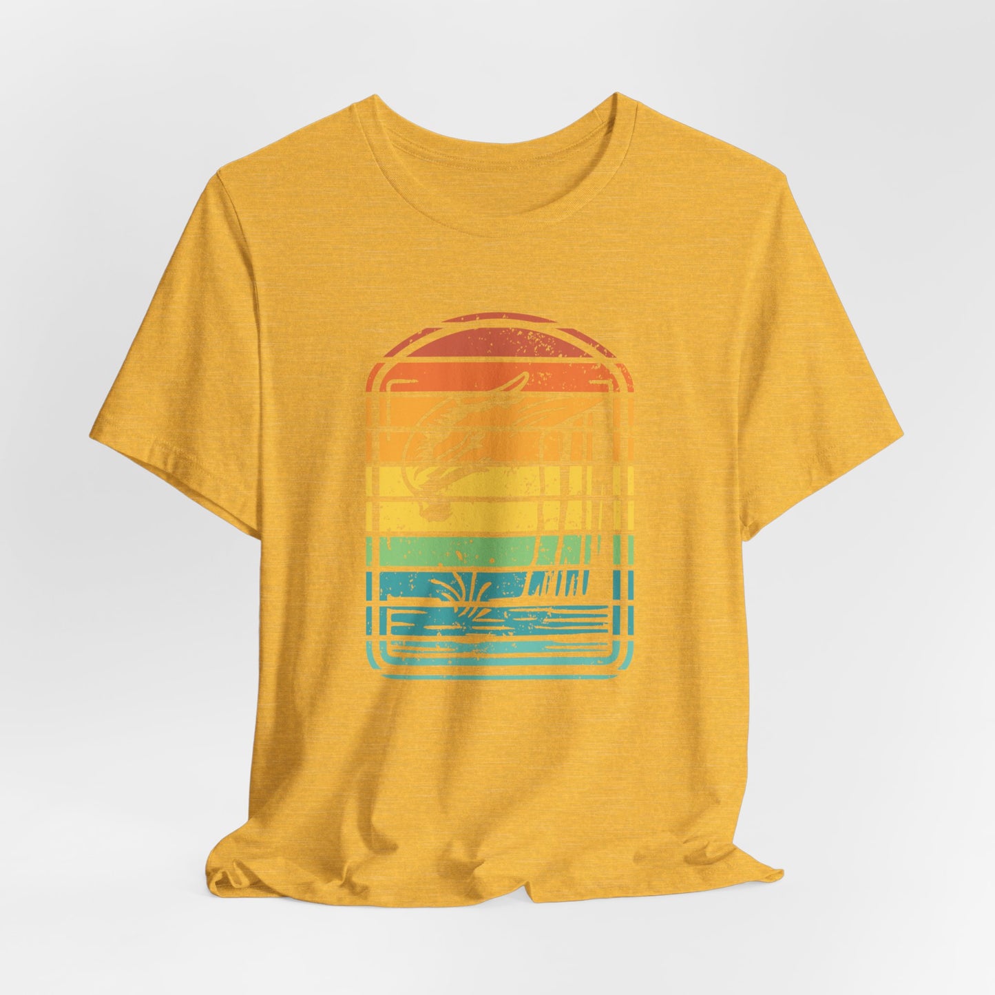 Retro Rainbow Cliff Jumping Silhouette T-Shirt - Outdoorsy Vintage Adventure Shirt