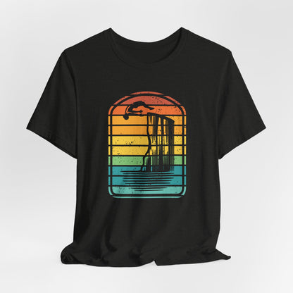 Retro Rainbow Cliff Jumping Silhouette T-Shirt - Outdoorsy Vintage Adventure Shirt