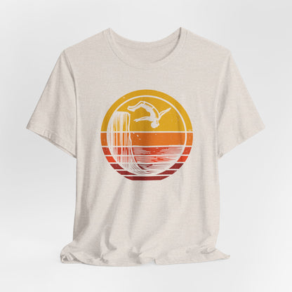 Retro Sunset Cliff Jumping T-Shirt - Outdoorsy Distressed Vintage Sunset Silhouette Adventure Shirt