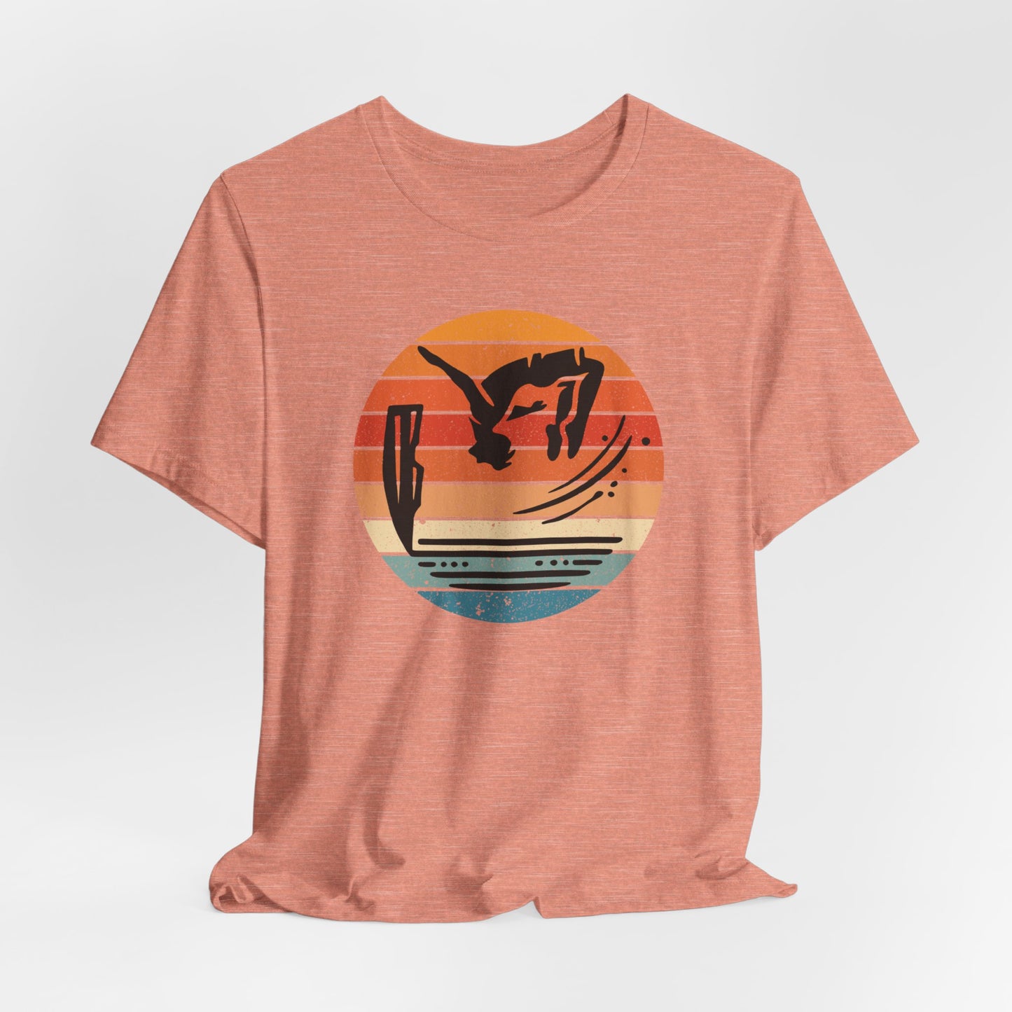 Retro Sunset Cliff Jumping T-Shirt - Outdoorsy Distressed Vintage Sunset Silhouette Adventure Shirt