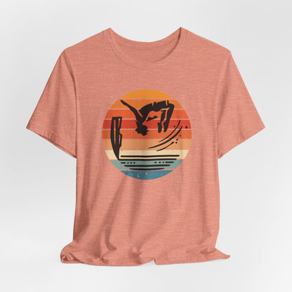 Retro Sunset Cliff Jumping T-Shirt - Outdoorsy Distressed Vintage Sunset Silhouette Adventure Shirt