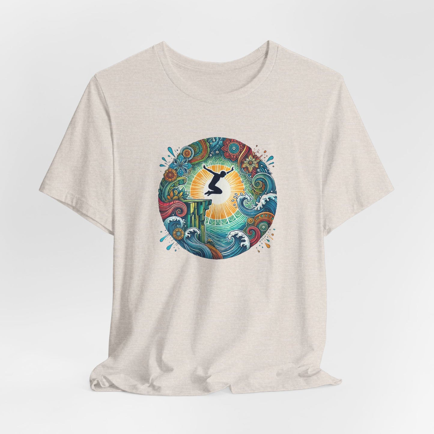 Mandala Style Cliff Jumping T-shirt for Outdoor Enthusiast - Colorful Mandala Art Design