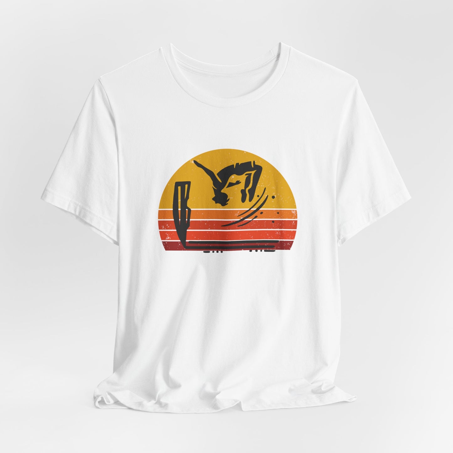 Retro Sunset Cliff Jumping T-Shirt - Outdoorsy Distressed Vintage Sunset Silhouette Adventure Shirt