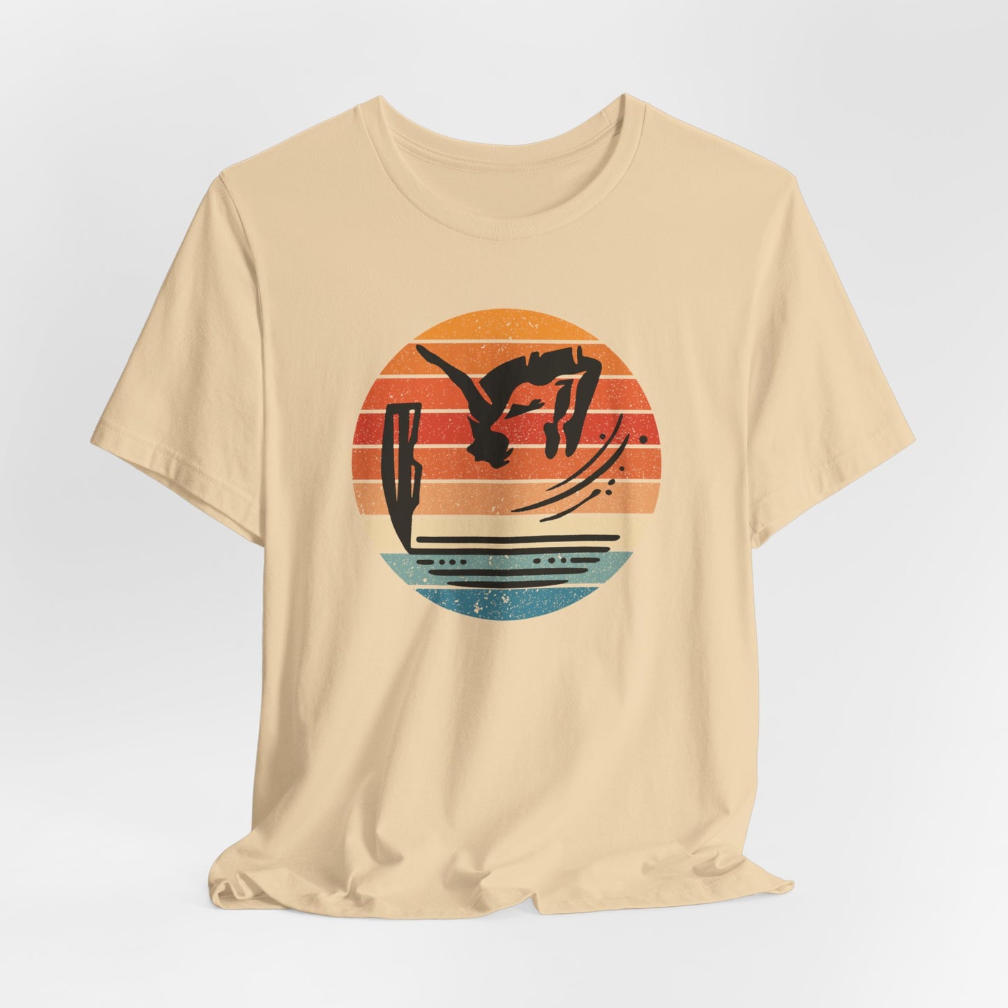 Retro Sunset Cliff Jumping T-Shirt - Outdoorsy Distressed Vintage Sunset Silhouette Adventure Shirt