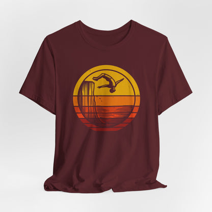 Retro Sunset Cliff Jumping T-Shirt - Outdoorsy Distressed Vintage Sunset Silhouette Adventure Shirt