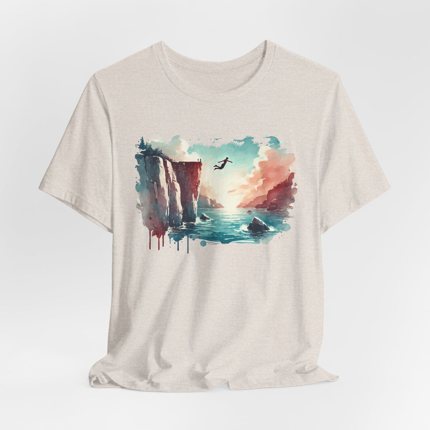 Watercolor Cliff Jumping T-Shirt with Dreamy Adventure Design